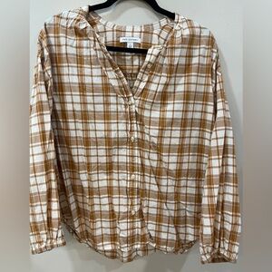 Free Assembly Brown Plaid Button-Up Peasant Blouse